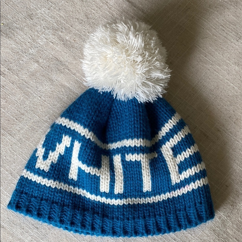 Iconic BIG WHITE Ski Resort Blue and White Knit Hat with Pom-Pom